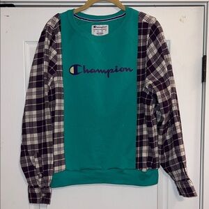 Upcycled Champion Sweatshirt and Flannel - Teal & Purple